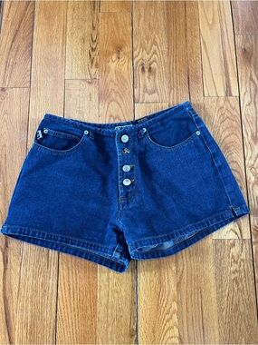 High-Rise Button-Front Jean Shorts in Dark Blue